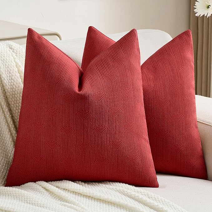 FUTEI Christmas Red Chenille Decorative Throw Pillow Covers 16x16 Inch Set of 2,Soft Cozy Striped Geometric Patterns Cushion Cases,Modern Home Decor for Couch Bed Living Room