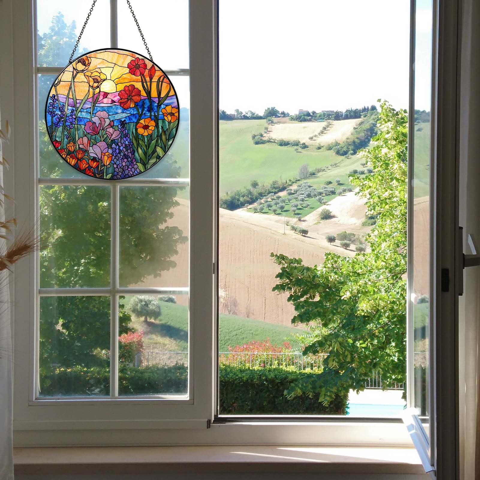 RVEAFA Wildflowers Stained Glass Suncatcher for Window, 7.8in Hanging Decor