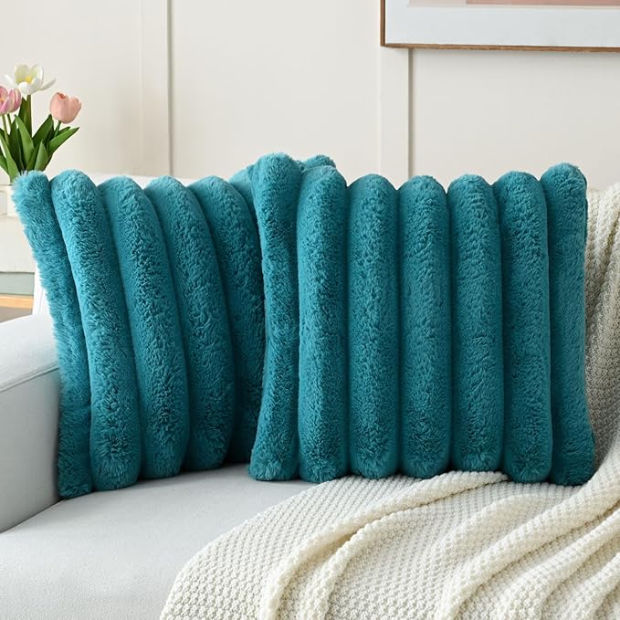 FUTEI Teal Decorative Throw Pillow Covers 24x24 Inch Set of 2, Square Soft Faux Rabbit Fur Thick Striped European Cushion Covers,Winter Home Decor for Couch Bed Living Room