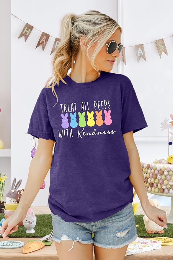 LAZYCHILD Women Easter Teacher Shirts: Funny Treat All with Kindness T-Shirt Bunny Rabbit Tee Tops