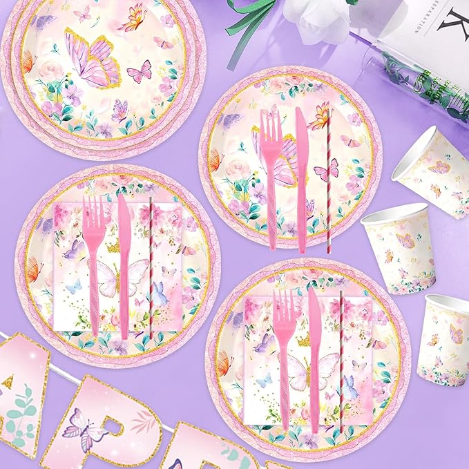Pink Butterfly Birthday Party Supplies Tableware Sets,Includes Disposable Plates, Napkins, Cups,Straws,Cutlery, Balloons, Banner, and Tablecloth for Party Baby Shower Birthday Decorations,Serves 20