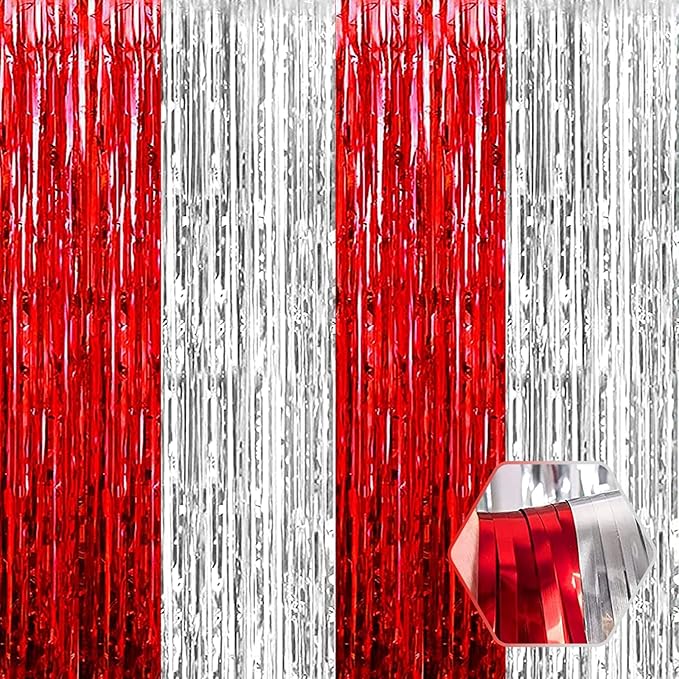 3 Pack Red Silver Foil Fringe Curtain Backdrop, 3.28Ft x 6.6Ft Metallic Tinsel Foil Fringe Streamer Curtains for Photo Booth, Christmas Day, Thanksgiving, Wedding, New Year Party Decorations