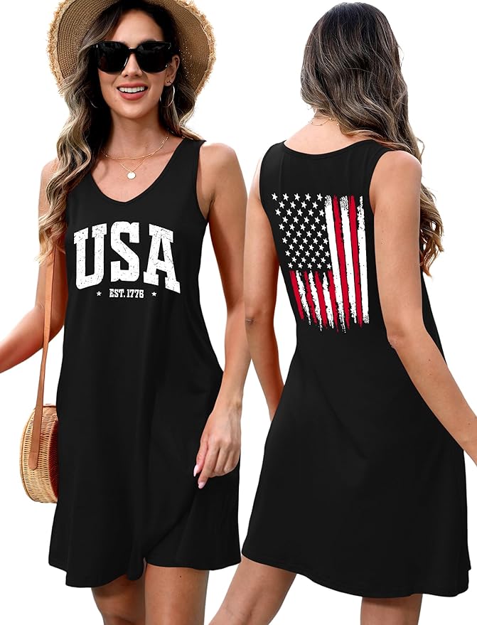 LHBNK 4th of July Dress for Women: American Flag Tank Dresses Star Striped Splicing Loose V Neck Sundresses
