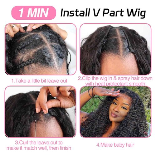 sterly V Part Wig Human Hair Glueless No Leave Out Upgrade U Part Wigs Burmese Curly Wig with Spiral End Deep Curly Wigs For Women Full Head Clip In Half Wigs 200% Density16inch