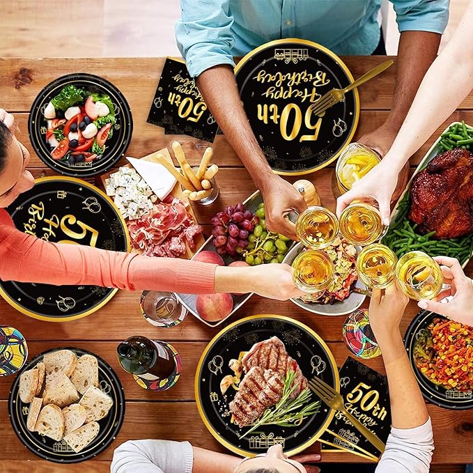 120Pcs 50th Birthday Party Supplies Plates Napkins Cups Forks Tableware Set Gold Black Happy 50th Birthday Themed Disposable Tableware Decoration Serves 24 Guests for Women and Men