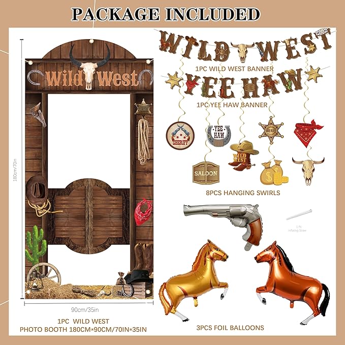 Western Party Decorations For Boys, Cowboy Rodeo Party Supplies,Wild West Banner,Photo Booth Props,Horse Foil Balloon for Men