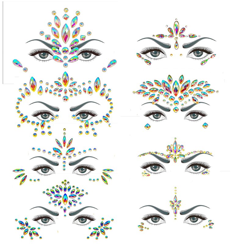 8Sets Noctilucent Face Gems Body Stickers Glow in the Dark Luminous Face Jewels fluorescent face tattoo crystals rhinestone sticker body jewelry for Halloween