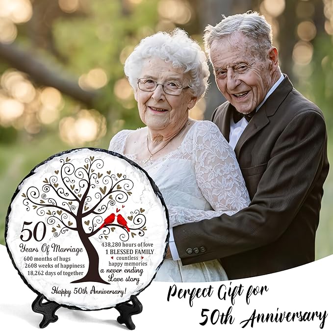 Golden Couple Slate Plate – 50th Wedding Anniversary for Parents, Gifts for Husband and Wife – Unique Decorative Keepsake Sign to Celebrate 50 Years of Love and Marriage