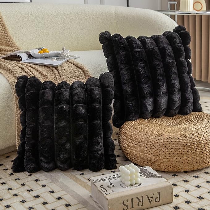 Neelvin Black Faux Fur Cozy Soft Plaid Decorative Throw Pillow Covers 12x20 inch Set of 2,Velvet Pillowcase Cushion Case for Sofa Couch