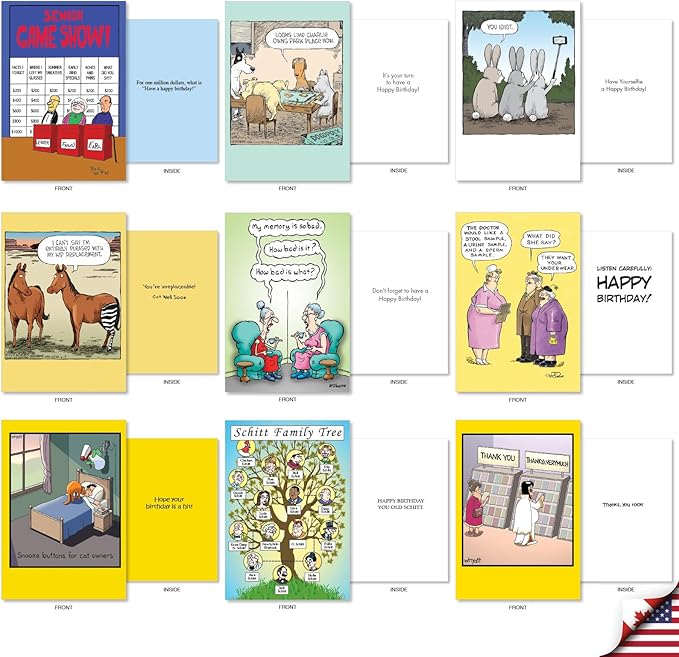 NobleWorks 36 Assorted Box Set Hysterical Everyday Mixed Occasions Greeting Cards w/ 5 x 7 Inch Envelopes for Men and Women (36 Designs, 1 Each) Fun Toons AC10047EXG-B1x36