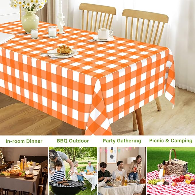 Mulbozy Orange Gingham Tablecloth 2 Pack, 54 x 108 Inch Plastic Table Cloth Disposable, Orange and White Checkered Table Cover for Party Supplies