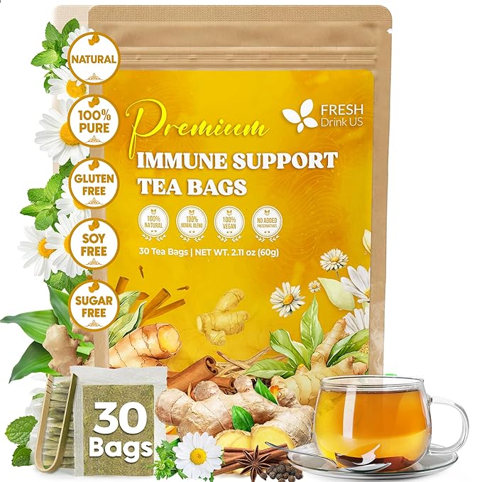 FreshDrinkUS, Premium 30 Tea Bags Immune Support Herbal Tea, Ginger, Cinnamon, Chamomile, Licorice Root, Black Pepper and Orange Peel – 100% Natural, Caffeine-Free, Vegan