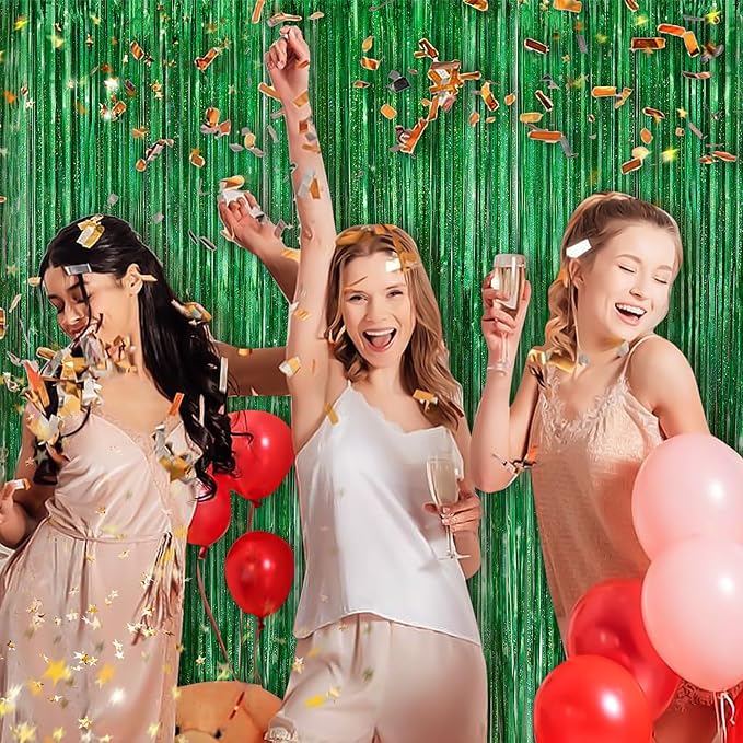 Green Metallic Tinsel Foil Fringe Curtains, 2 Pack 3.3x8.3 Feet Party Streamer for Birthday Party Decorations, Halloween Decor, Foil Curtain Backdrop for Christmas Party Decorations