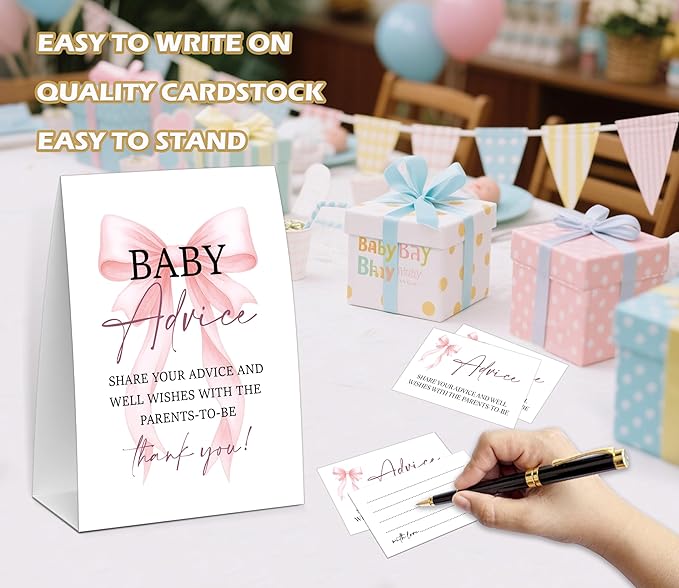 Pink Bow Baby Shower Advice for Parents To Be, Baby Shower Game, Include One 5×7 Sign and 50 Advice Cards, Pink Coquette Bow Gender Reveal Party Decoration Supplies - FH01