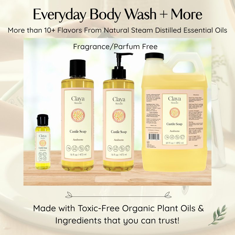 Claya Oud Liquid Castile Soap – Organic Ingredients, Biodegradable, Gentle for Sensitive Skin and Versatile Use (16 fl oz (Pump Cap))