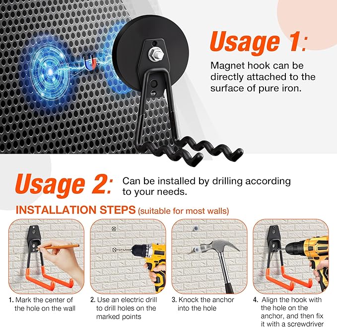 Large Strong Magnetic Hooks Heavy Duty, 2 Pack 3.5in Neodymium Magnet Storage Utility Hooks, Steel Long Magnetic Holder/Hanger Hook Organizer System for Hanging Garage/Garden/Power Tools