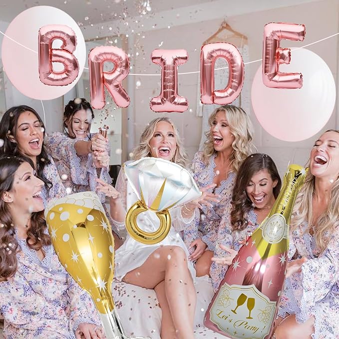 9 Pcs Bride Balloons, Huge Rose Gold Champagne Bottle Goblet Aluminum Foil Balloons for Birthday, Bachelorette, Bridal Shower, Wedding, Anniversary, Engagement Party Decorations Supplies