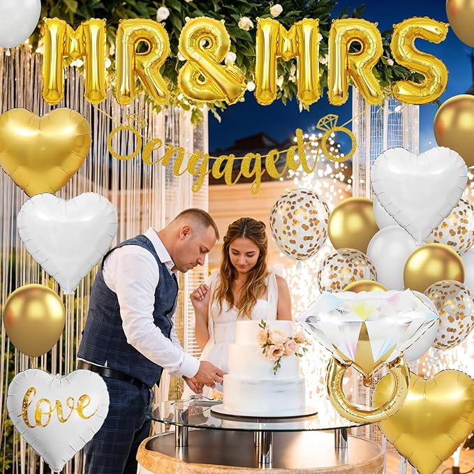 Gold Engagement Party Decorations, MR and MRS Balloons Decor, White Gold Metallic Confetti Balloon, Love Heart and Diamond Ring Foil Balloon with Engaged Banner for Wedding Engagement Party Decoration