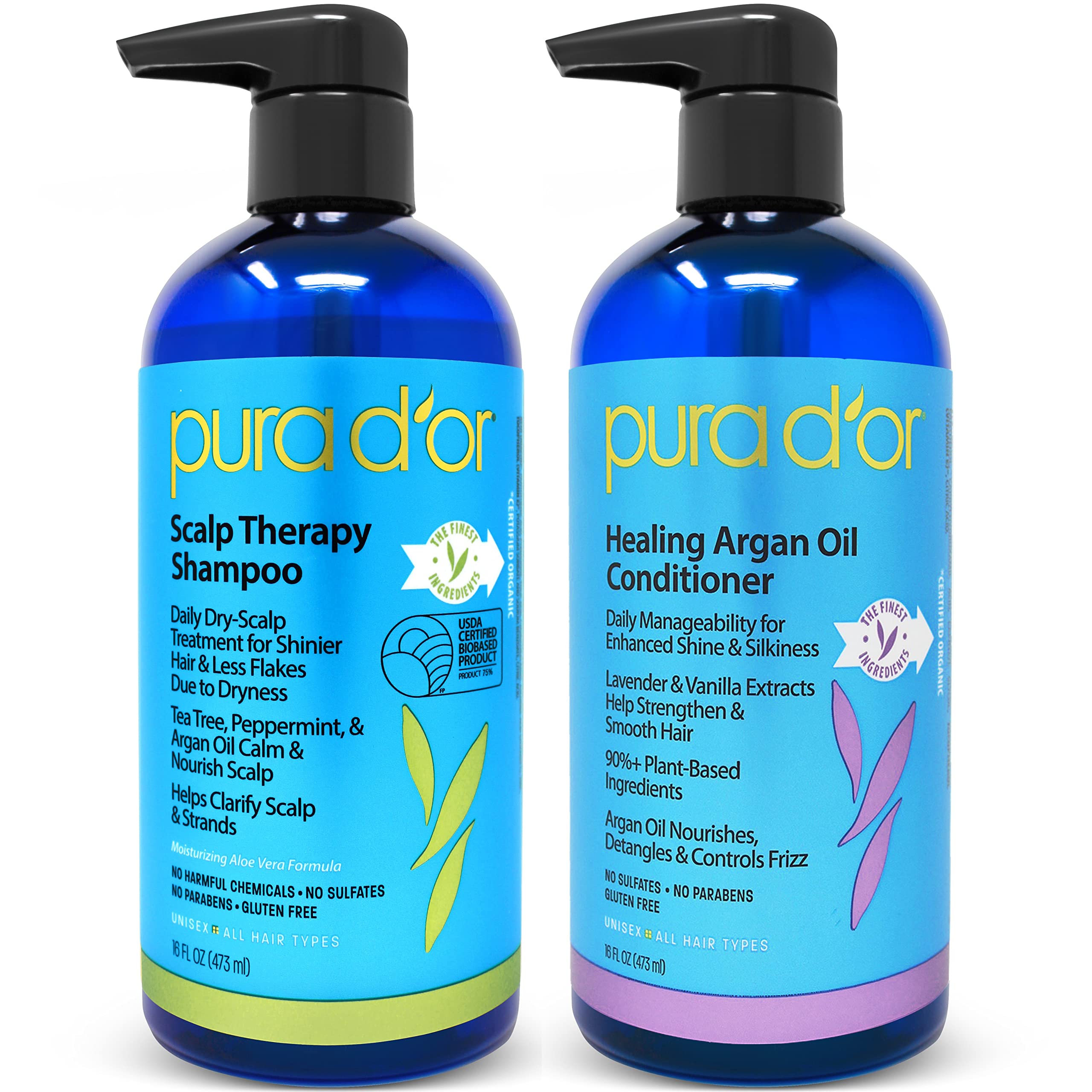 PURA D'OR Scalp Therapy Shampoo & Healing Conditioner Set For Dry & Nourishes Hair with Tea Tree & Scalp Therapy Energizing Scalp Serum Revitalizer with Argan Oil, Catalase & DHT Blockers