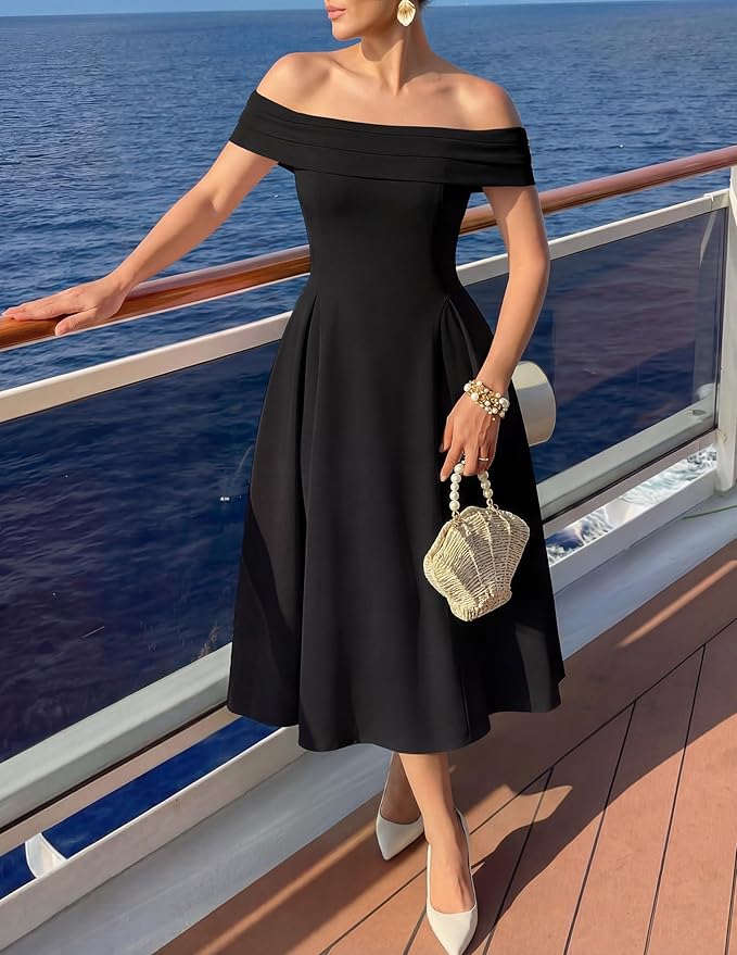 ZESICA Summer 2026 Cocktail Dresses for Women's Off Shoulder Short Sleeve Swing A Line Wedding Evening Party Midi Dress