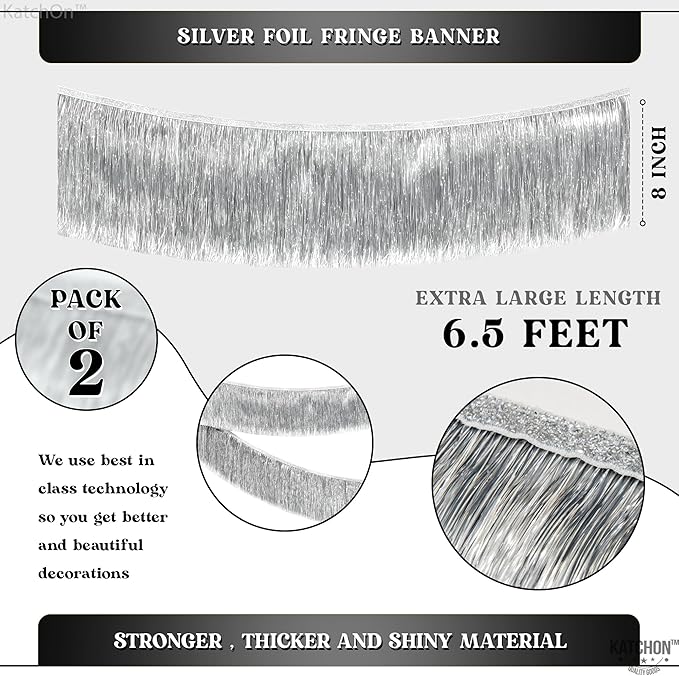 KatchOn, Silver Fringe Banner - 6.5 Feet, Pack of 2 | Fringe Garland for Birthday Decorations | Silver Banner for Bachelorette Party Decor | Tinsel Garland for Graduation Decorations 2026, Prom Decor
