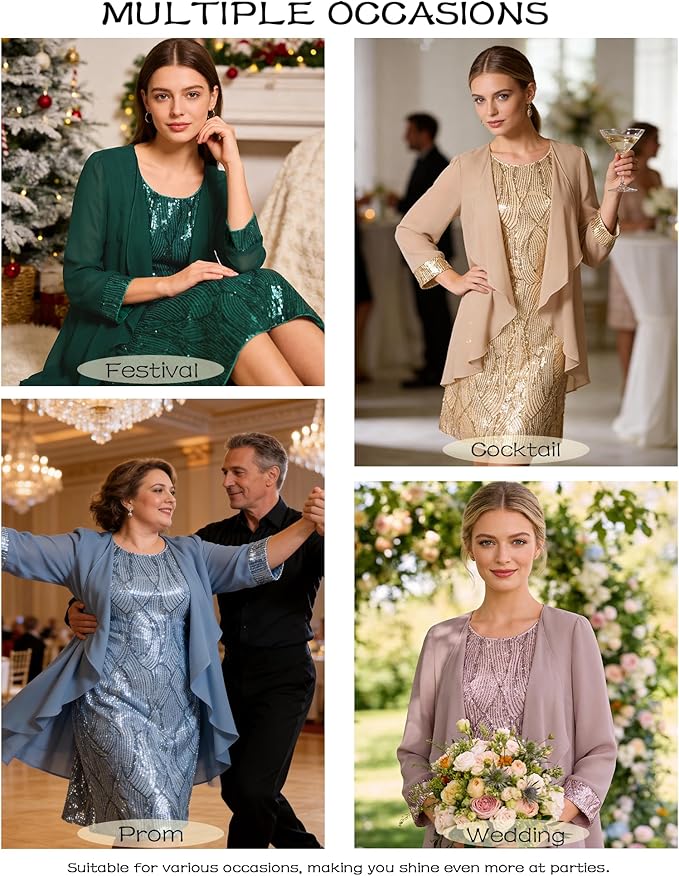 GRACE KARIN Women's Sequin Dress - Wedding Guest & Mother of The Bride Formal Dress - Two Piece Knee Length