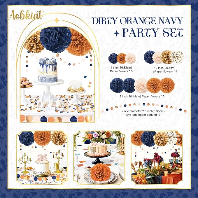 AOBKIAT Boho Fall Wedding Party Decorations,15PCS Navy Blue Orange Tissue Paper Pom Poms Colorful Paper Garland String Hanging Backdrop for Baby Shower,Bridal Shower,Gardens Celebration
