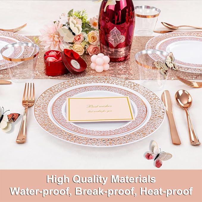 WELLIFE 350 PCS Rose Gold Disposable Dinnerware Set for 50 Guests, Disposable Rose Gold Lace Plates, Include:50 Dinner Plate, 50 Dessert Plates, 50 Pre Rolled Napkins with Silverware and 50 Cups