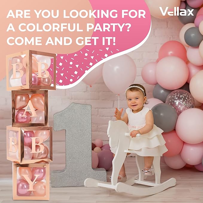 Baby Shower Decorations – Rose Gold Baby Shower Boxes with Letters, Baby Blocks with Rose Gold, Pink, and White Balloons – 44-Piece Party Set for Boys and Girls by Vellax®
