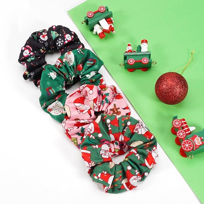 Christmas Hair Scrunchies for Women Cute Elastic Scrunchy Ponytail Holder Hair Ties Green Pink Santa Claus Snowman Bell Christmas Hat Snowflake Xmas Hair Accessories Christams Gifts 4PCS