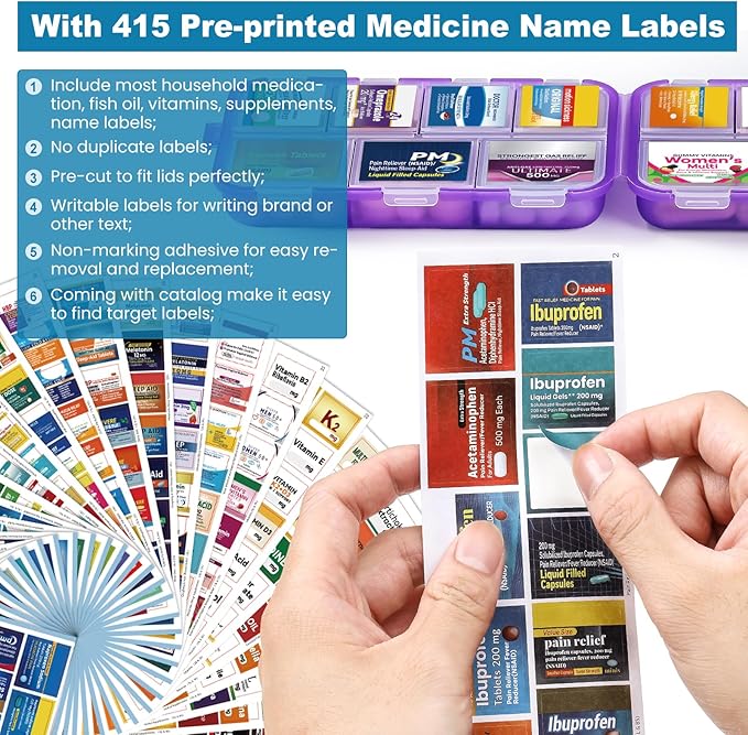 14 Grids Travel Pill Organizer Box with 415-Pcs Medicine Name Labels, Pocket Daily Pharmacy Case Container, Travel Medication Holder Dispenser Kit for Fish Oil Vitamin Supplement Storage -Clear Purple