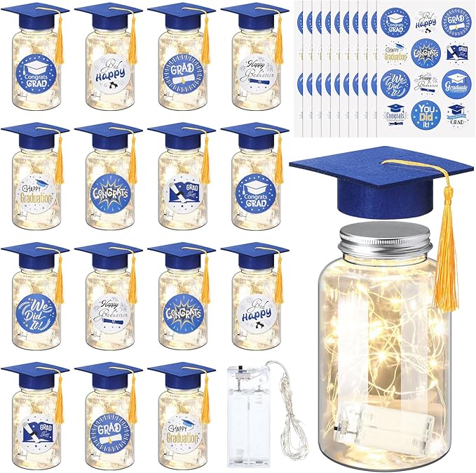 Boao 16 Sets Graduation Table Decoration Set with LED Light up Graduation Decorations for Class of 2026, Grad Jar, Felt Grad Hat and Stickers for High School College(Blue,Vivid)