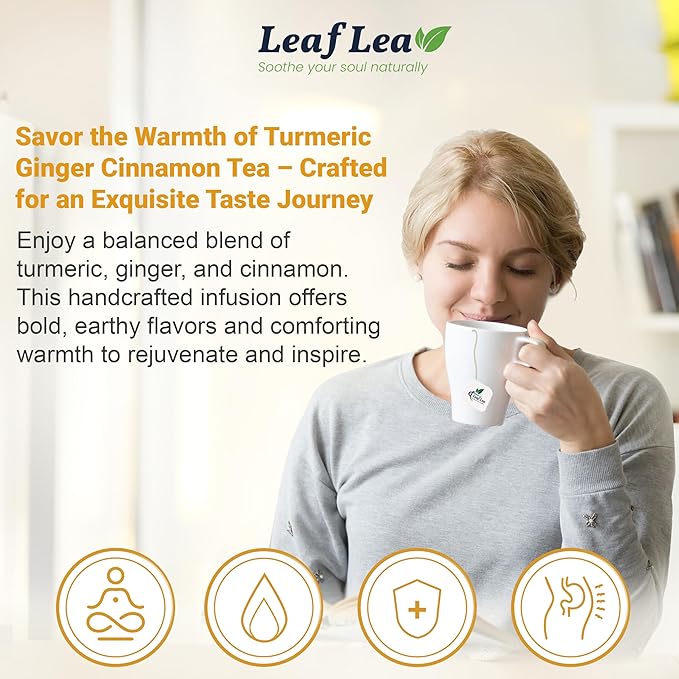 LeafLea 40 Turmeric Ginger Cinnamon Tea Bags, 100% Natural Ingredients Herbal Tea, Turmeric Ginger Herbal Blend for Wellness, Vegan, No Sugar, Caffeine-Free, Individually Wrapped for Freshness