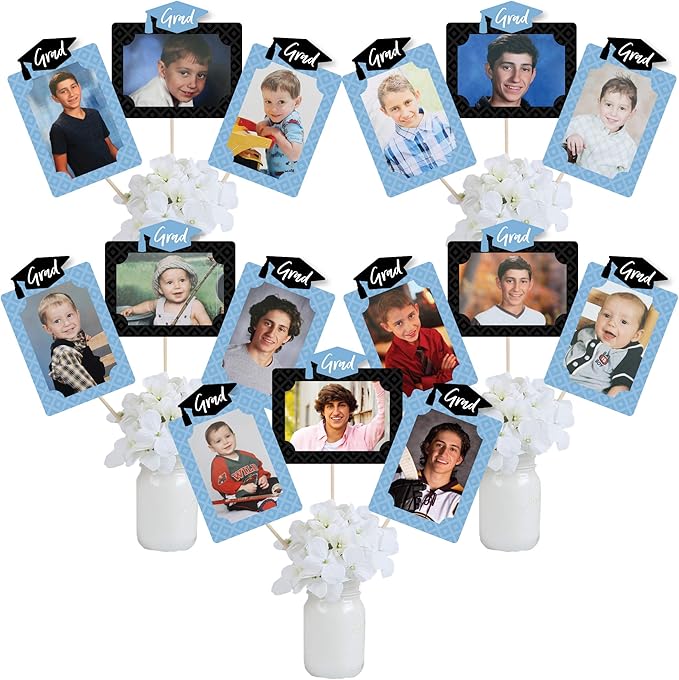 Big Dot of Happiness Light Blue Graduation Photo Display Centerpiece Kit - 15 Double-Sided Photo Table Topper Sticks, Vertical and Horizontal 4x6 Picture Holders, DIY Party Decoration Set