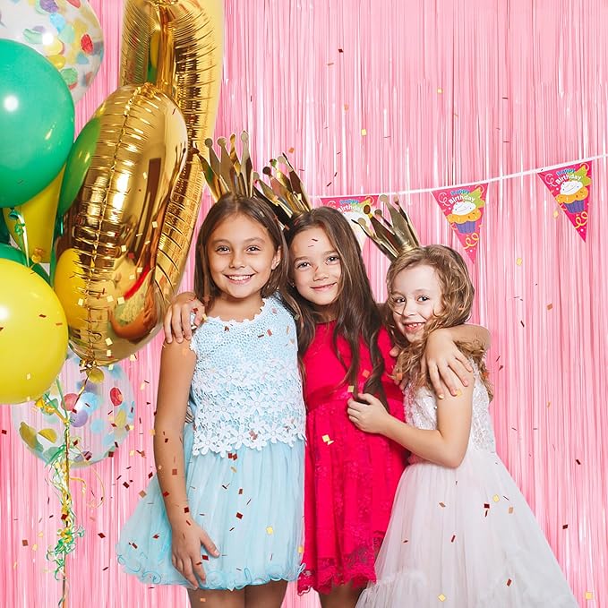 Pastel Pink Metallic Tinsel Foil Fringe Curtains, 2 Pack 3.3x8.3 Feet Tinsel Backdrop for Birthday Wedding Easter Christmas, Pink Fringe Backdrop Foil Curtain for Valentines Day Decorations