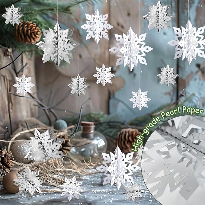 OuMuaMua Winter Christmas Snowflake Decorations Indoor, 36PCS 3D Large White and Silver Snowflakes Hanging Ornaments for Home Xmas Christmas Holiday Winter Wonderland New Year Party Decorations