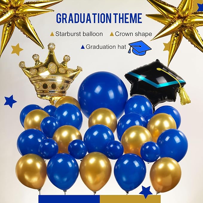 Royal Blue and Gold Graduation Balloon Garland Arch Kit 105 PCS with foil star crown graduation cap balloons for School students graduate class of 2025 Prom Party Decorations (Royal Blue Gold)