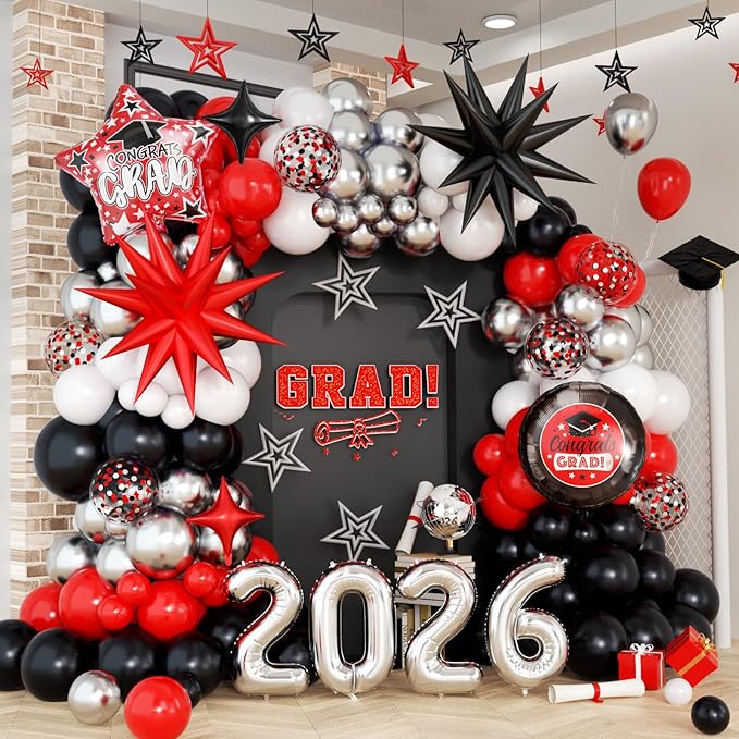 Red Black Graduation Balloon Arch Kit 2026 Graduation Decorations, Silver Number 2026 Balloons with Explosion Star Round Congrats Grad Foil Balloon for College High School Class of 2026 Grad Party
