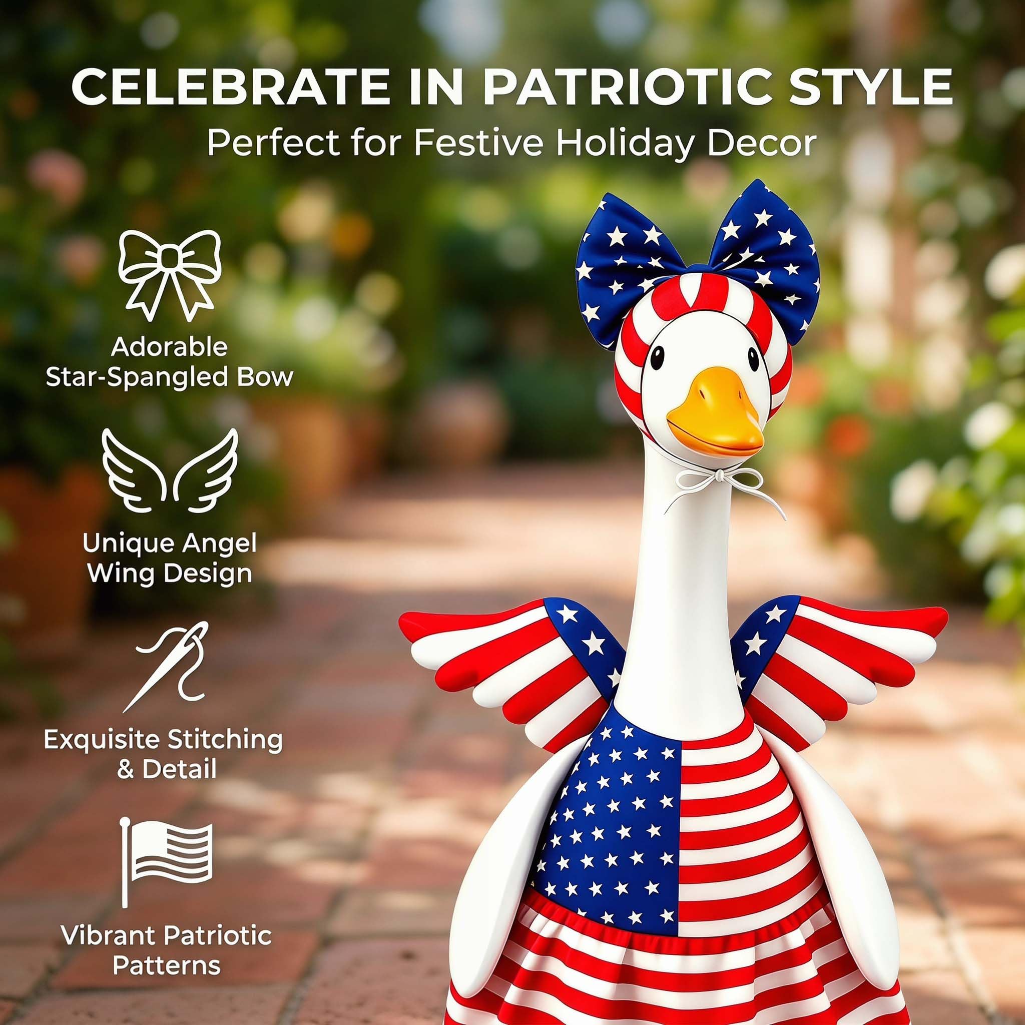 Go Ho 4th of July Porch Goose Outfit Angel Style, American Flag Patriotic Clothes for 23 Inch Porch Goose Statue, Independence Day Costume, 250th Anniversary USA Outdoor Lawn Garden Decoration