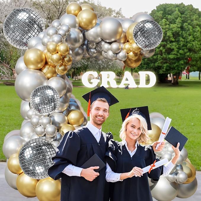 124Pcs Silver and Gold Garland Balloons Metallic Balloon Arch Kit Chrome Silver balloon Disco Ball decorations for Disco Party 60th Birthday Graduation NYE 2026 New Year Party