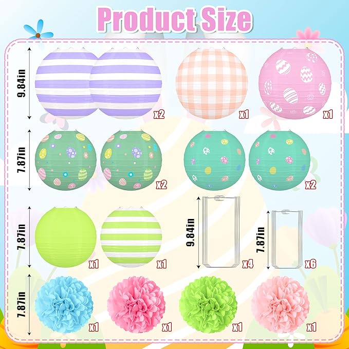 14pcs Easter Party Hanging Decorations – Vintage Paper Lanterns and Pom Poms Set for Classroom, Birthday Supplies, Egg Hunt, Indoor Home Spring Decor