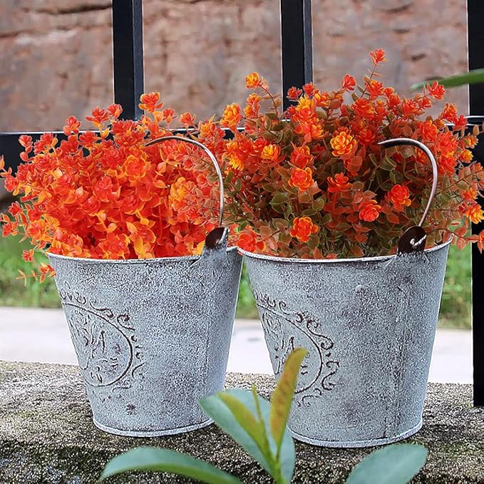 RECUTMS 8 Bundles Artificial Fall Flowers No Fade Faux Autumn Plants, Fake Indoor Outdoor Greenery Decorations for Thanksgiving Christmas Wedding Party Home Garden Fireplace Décor (Green Orange)