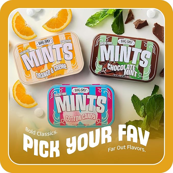 Big Sky Sugar Free Mints Orange & Cream | Sugarfree, No Artificial Colors or Flavors | Kosher Certified, Vegan, Gluten Free | Aspartame & Xylitol Free | 50 Count Tin (Pack of 6)