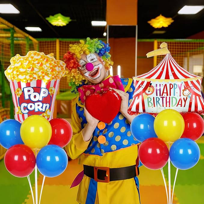4 Sets Carnival Circus Party Balloons Stand Kit with Circus Tent Popcorn Foil Balloons Plim Theme Party Ball Balloon Centerpiece for Tables for Carnival Themed Birthday Baby Shower Decoration