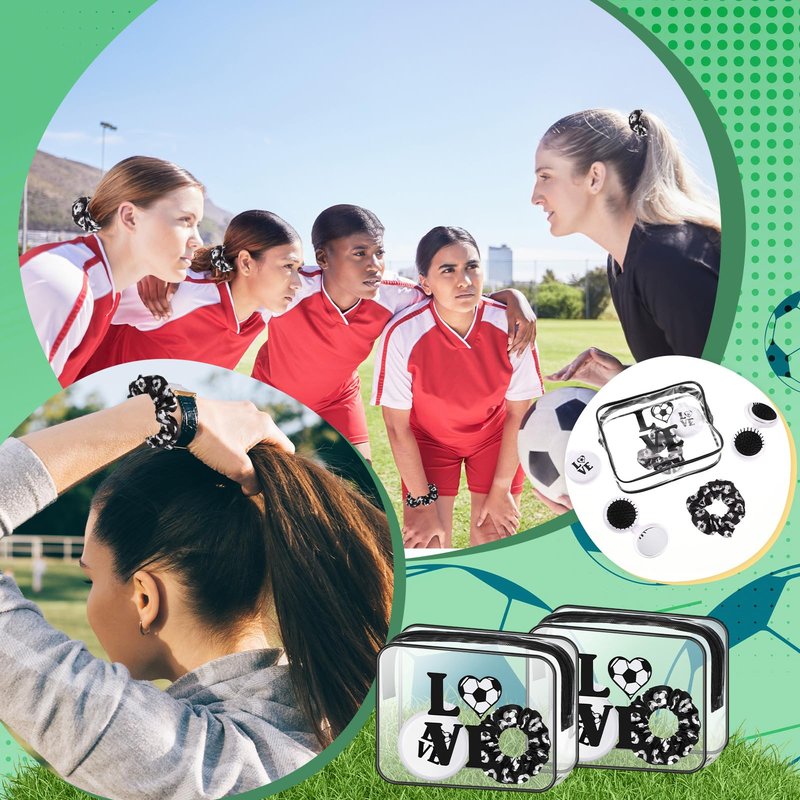 Yungyan 36 Pcs Soccer Gifts 12 Soccer Makeup Bag for Women Party Favors Team Gifts with 12 Sport Hair Scrunchies 12 Round Portable Folding Brush
