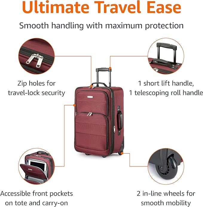 Amazon Basics 2-Piece Softside Luggage Set, 23-Inch Expandable Suitcase with Wheels and 15-Inch Tote, Front Pockets, Telescopic Handle, Burgundy