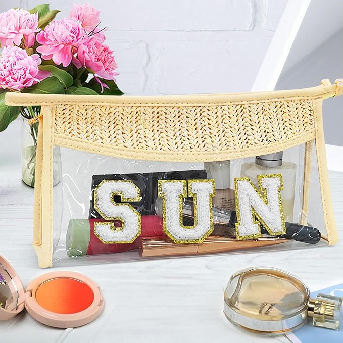 Boho Hand-woven Makeup Bag, Chenille Letter Patch Clear Travel Pouch, Rattan Straw Bag Clear Cosmetic Sunscreen Bags, Women Summer Retro Travel Beach Bag Beach Essentials (Boho_Beige-Sun)