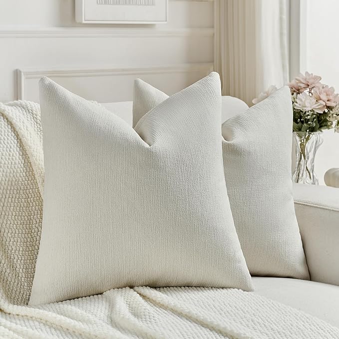FUTEI Cream Chenille Decorative Throw Pillow Covers 16x16 Inch Set of 2,Soft Cozy Faux Linen Textured Cushion Case,Farmhouse Home Decor for Couch Living Room
