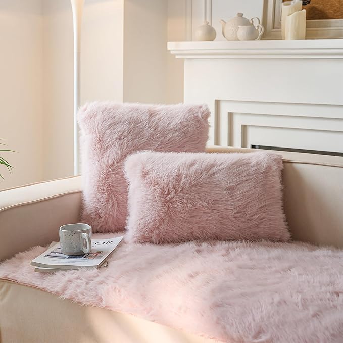Neelvin Pink Faux Fur Cozy Fluffy Double-Sided Decorative Throw Pillow Covers 16x16 inch Set of 2,Velvet Pillowcase Cushion Case for Sofa Couch