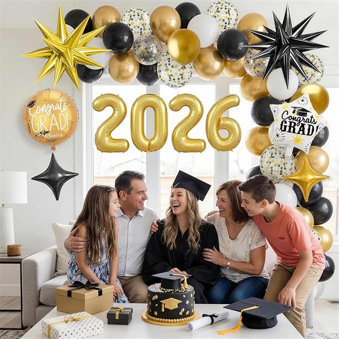 Gold and Black Graduation Balloon Arch Kit 2026, Gold Number 2026 Balloons confetti with Explosion Star Round Congrats Grad Foil Balloon for College High School Class of 2026 Graduation Decorations